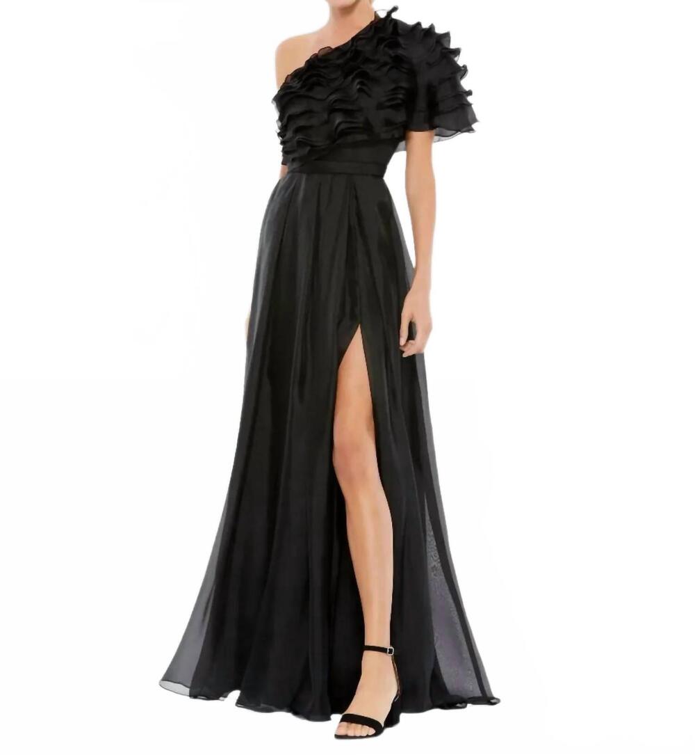 NEW MAC DUGGAL ruffle layered one shoulder gown in black